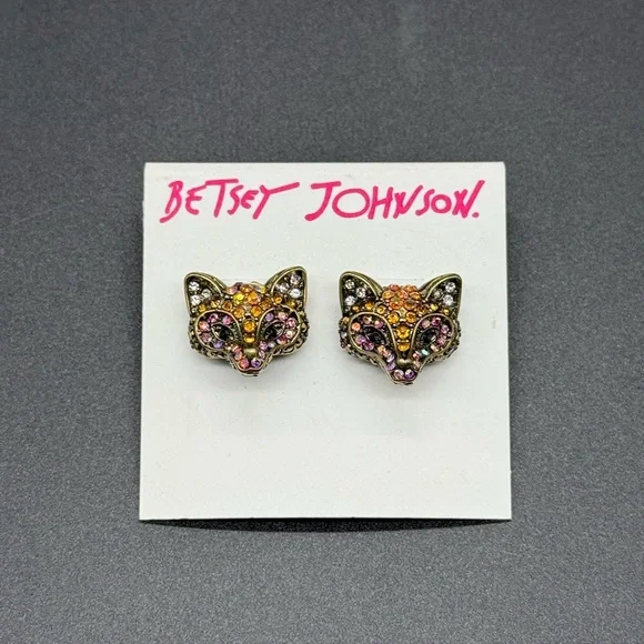 Betsey Johnson Gold and Pink Fox Earrings - Picture 1 of 5